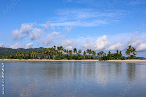 Tropical beach with coconut palm trees, view to sand spit of Yao Yai island in Andaman sea. Background for travel and relax on paradise nature