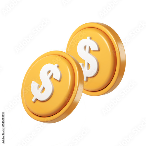 3d render icon Two gold coins with dollar symbol rotating on transparent background, perfect for financial and business payment projects