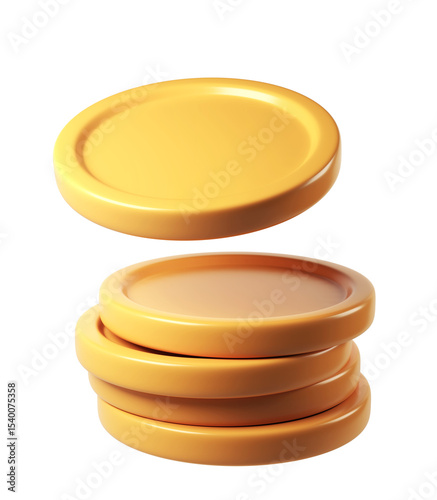 3d finance rendering icon of a stack background, shiny gold coins leaning against a transparent of perfect for investment concept