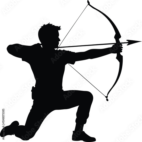 Silhouette of Archer Aiming with Bow and Arrow, Kneeling Position Illustration