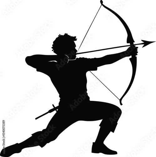 Silhouette of an archer drawing a bow and arrow with focus