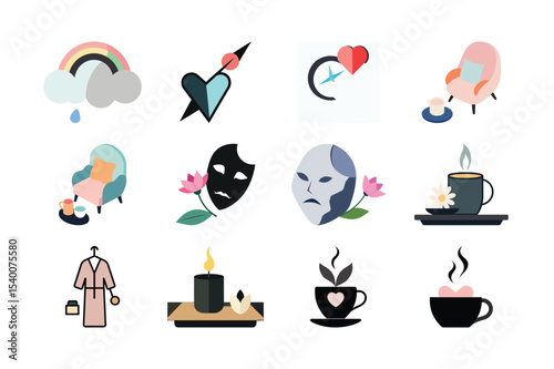A collection of black vector icons for Halloween and Christmas holidays, featuring symbols of food, travel, love, and summer trees