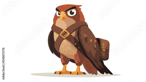 A digital illustration of a cartoon owl. The owl is predominantly brown with darker brown detailing on its feathers. It is depicted in a front-facing pose with its wings slightly lowered. It wears