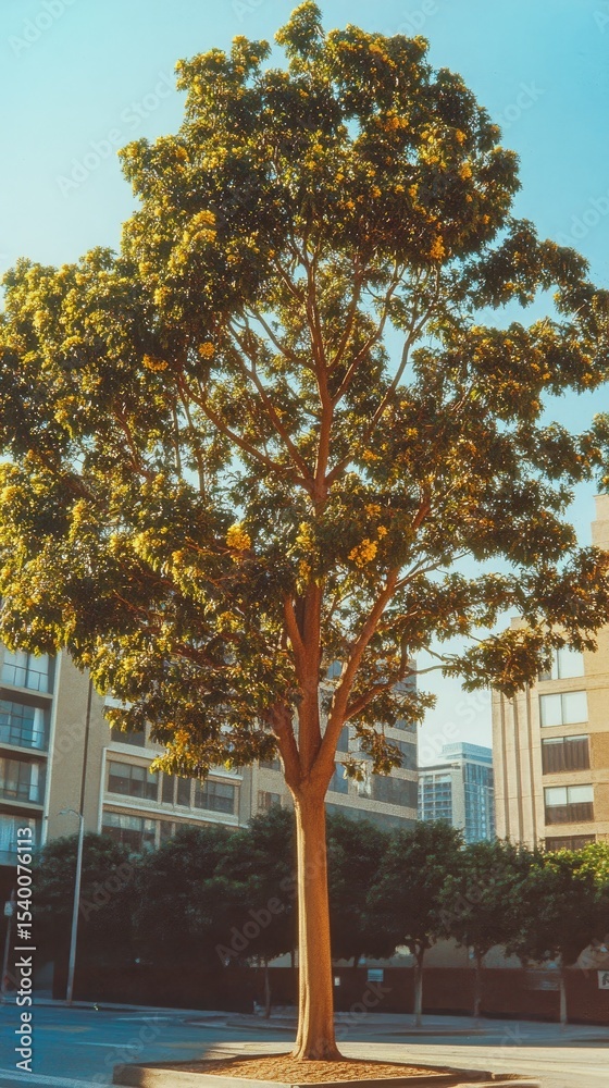 Naklejka premium Lush green tree, sunlight-drenched, stands tall against a backdrop of modern buildings under a clear sky