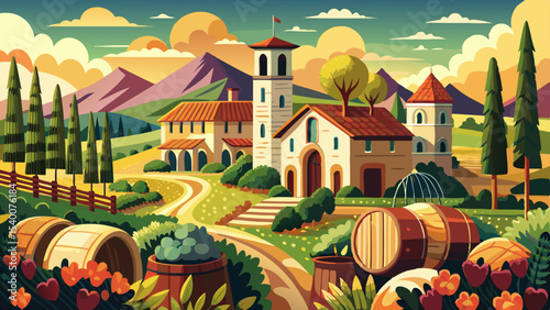 Rustic winery field and compound architecture outdoors vineyard.. Very beautiful