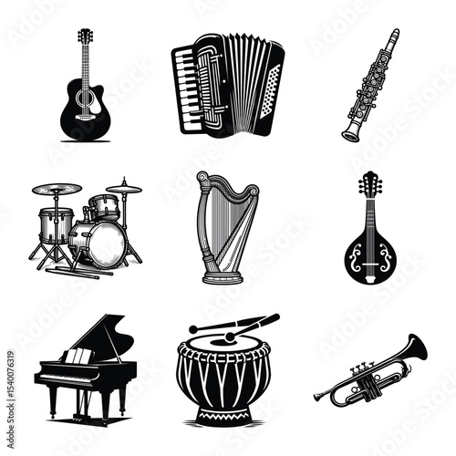 Musical instruments bundle on isolated wite background