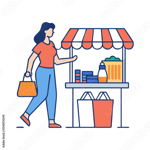 Woman walking happily past a colorful market stall with shopping bags on a white background
