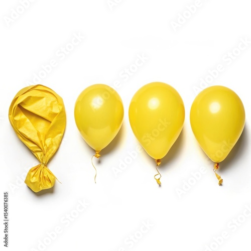Deflated yellow balloon and three inflated balloons