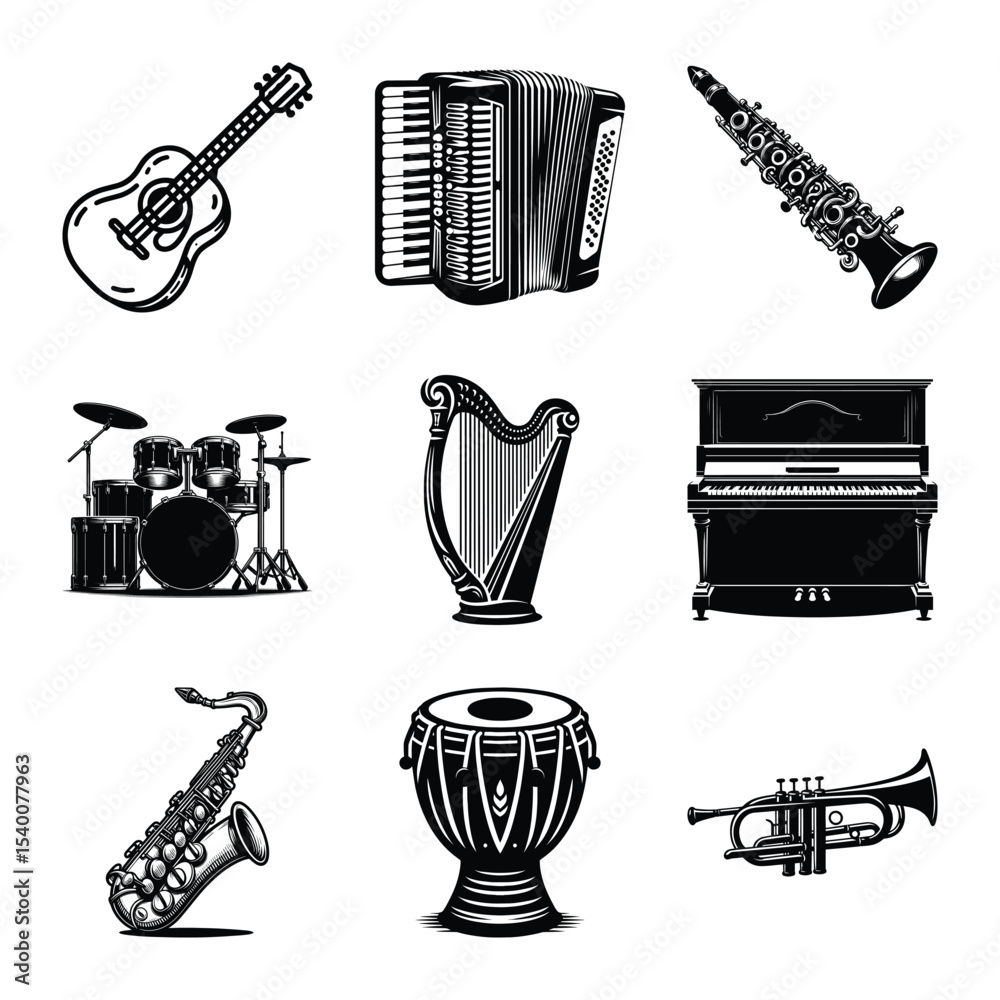 Naklejka premium Musical instruments bundle on isolated wite background