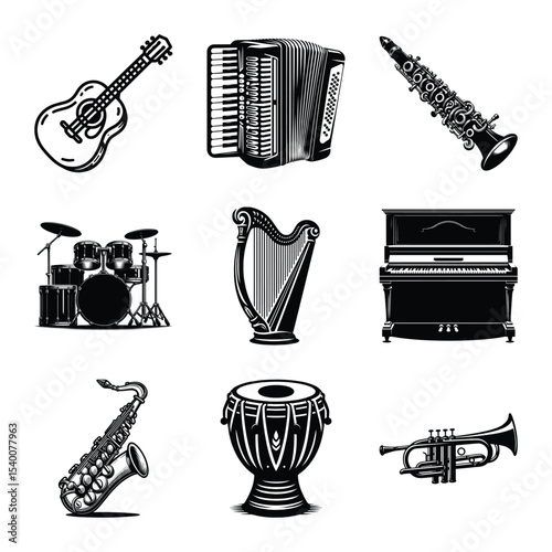 Musical instruments bundle on isolated wite background