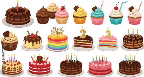 Colorful Birthday Cake and Cupcake Collection with Candles, Toppers, and Decorations for Festive Celebrations flat vector illustration
