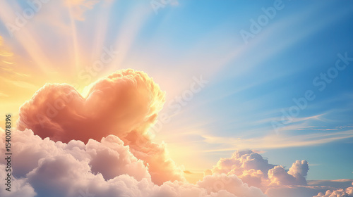 Beautiful heart shaped cloud illuminated by warm glow of sun, creating romantic and serene atmosphere in sky