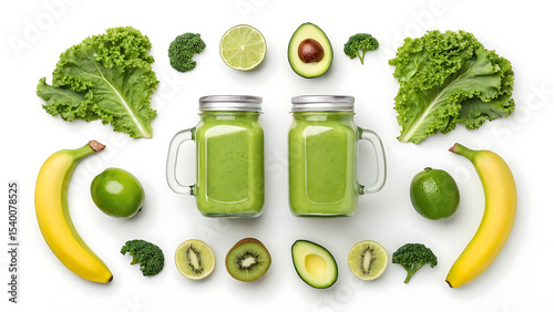 Vibrant Green Smoothie Composition Featuring Fresh Fruits Vegetables and Greens Healthy Refreshing Drink For Wellbeing And Nutrition