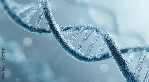 A detailed 3D rendering of a DNA double helix, rendered in cool, icy blue tones against a soft, blurred background