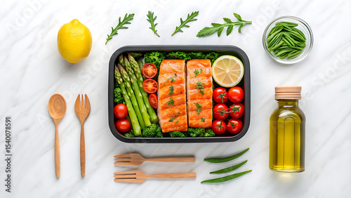 Salmon Meal Prep Flat Lay Display of Healthy Cuisine Featuring Fresh Produce, Wooden Utensils, and Olive Oil