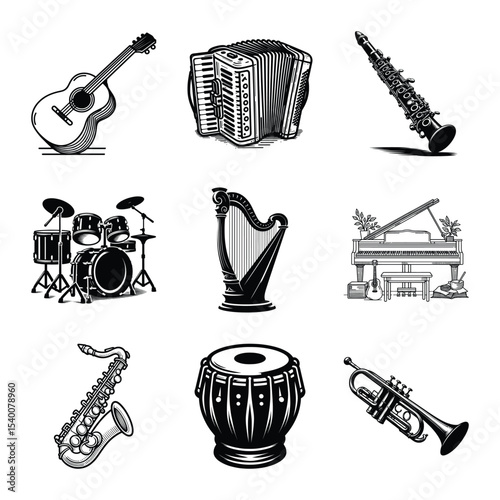 Musical instruments bundle on isolated wite background