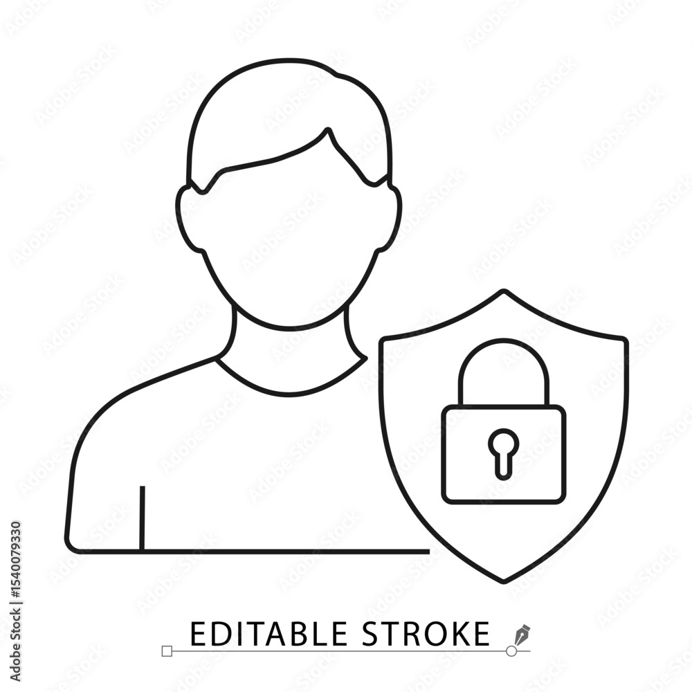 Obraz premium User security icon in minimal linear style with editable stroke. Profile avatar with locked shield representing account protection, privacy settings, user data security, access control.