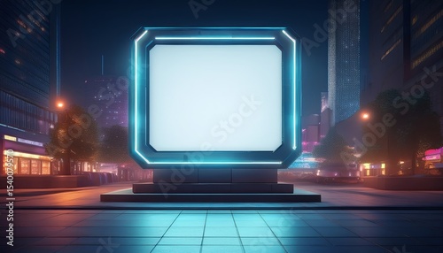 Illuminated blank billboard stands in vibrant city square during nighttime