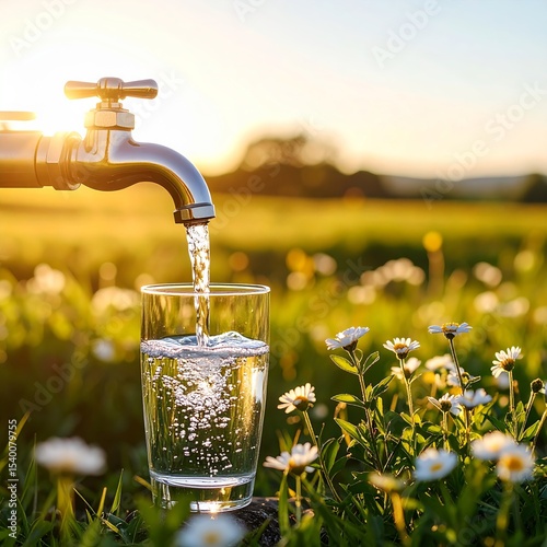 Clear water flowing from tap into glass surrounded by flowers at sunset in field