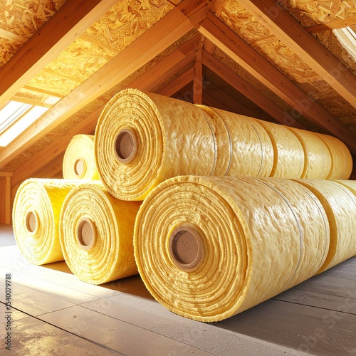 Insulation rolls neatly stacked in a well-lit attic during early afternoon