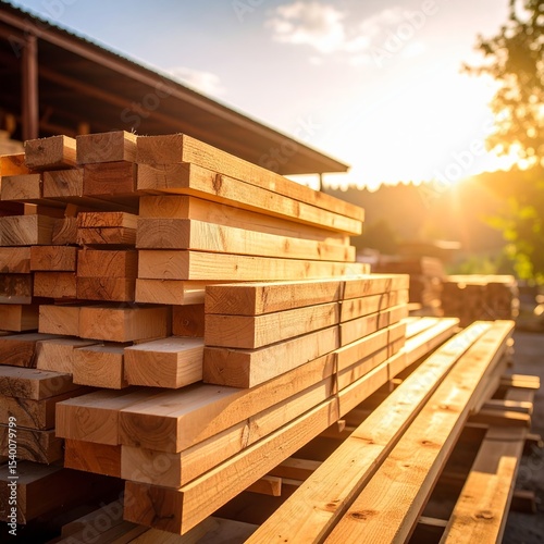 Wooden planks arranged neatly in a lumber yard during sunset hours