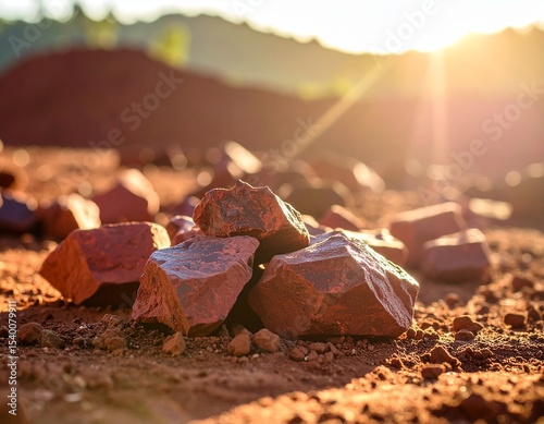 Rocks scattered on ground with warm sunlight during early morning in nature setting