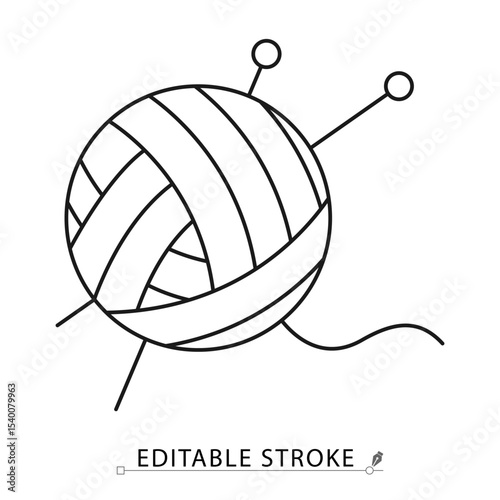 Yarn ball with knitting needles icon in minimal line style with editable stroke. Symbol of handmade craft, wool hobby, knitting visuals, cozy home creativity, textile projects and DIY illustrations.