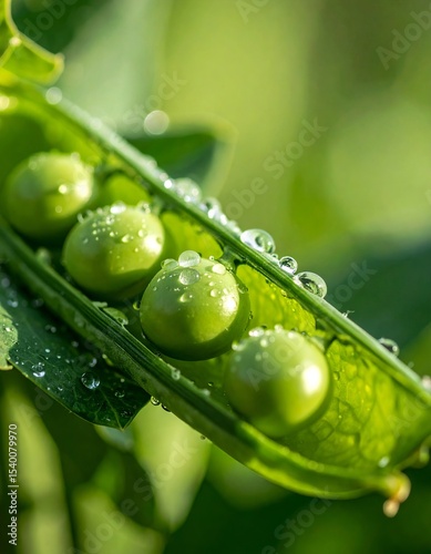 Fresh green peas with water droplets on a pod in a garden during daylight