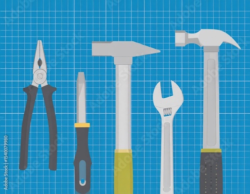 Essential hand tools for DIY projects and home repairs on a blue grid background
