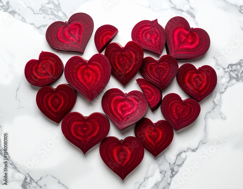 Colorful heart-shaped decorations arranged artistically on a marble surface
