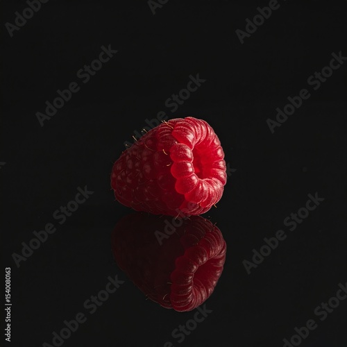 Fresh raspberry on a reflective surface against a dark background showcasing its vivid color