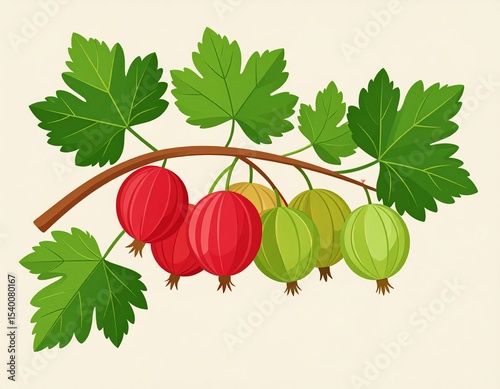 Ripe and unripe gooseberries hanging on branch with green leaves