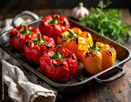 Grilled colorful bell peppers served on a rustic kitchen table with herbs
