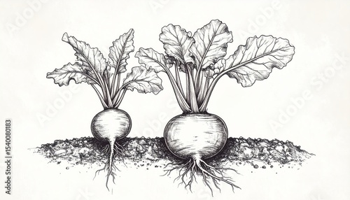Illustration of two different sized beets with detailed root systems in garden soil