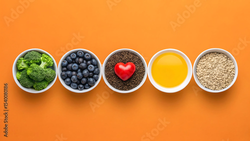 Colorful Health Food Arrangement Still Life Presentation for Nutrition and Wellness Concepts and Themes on a Vibrant Orange Background