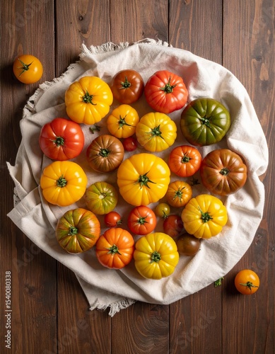 Vibrant assortment of heirloom tomatoes arranged on a rustic wooden table