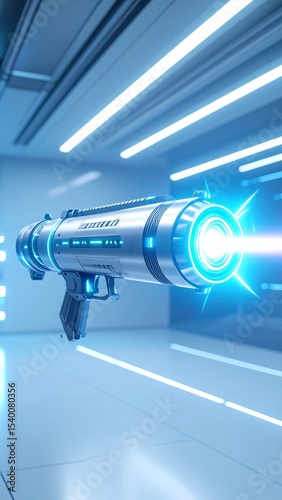 Futuristic laser weapon glowing in a sleek high-tech environment