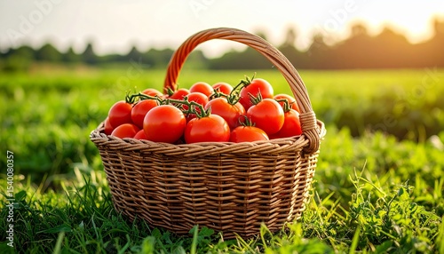 Freshly harvested tomatoes in a rustic basket at sunset in a vibrant field