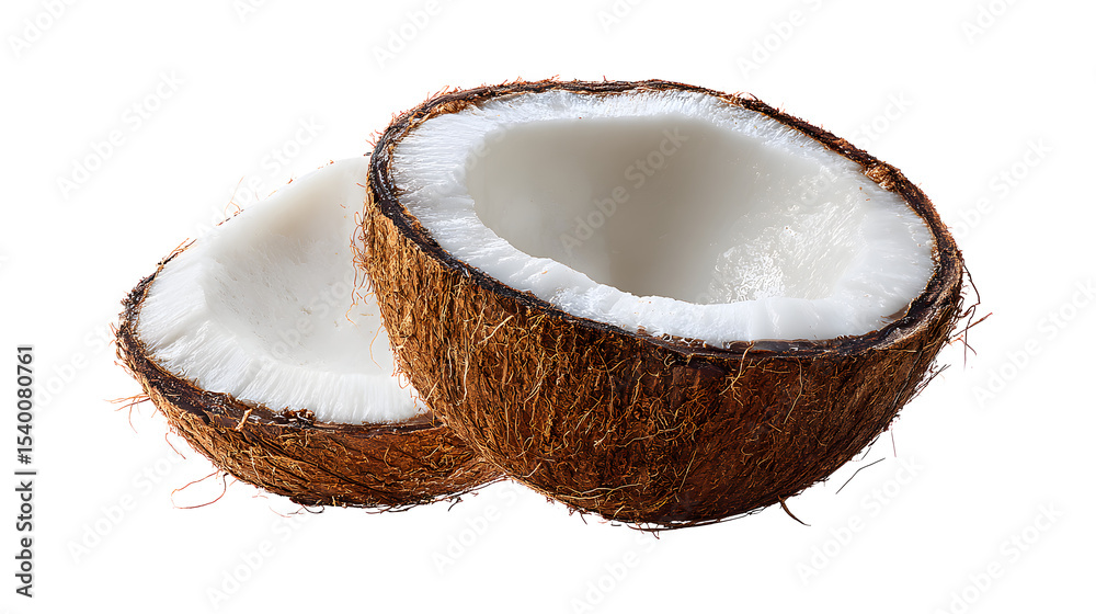 One beautiful fresh coconut half isolated on a white background One beautiful fresh coconut half isolated on a white background