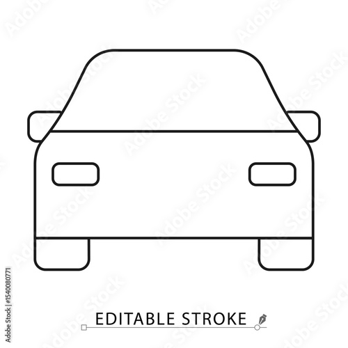 Car front view icon in minimal line style with editable stroke. Vehicle outline, automobile symbol for transport visuals, driving concept, car rental, road design, automotive content