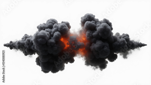 Create a symmetrical visual representation of a powerful explosion or intense combustion event. In the center, fiery orange and red hues should radiate outwards, quickly being enveloped by dense.