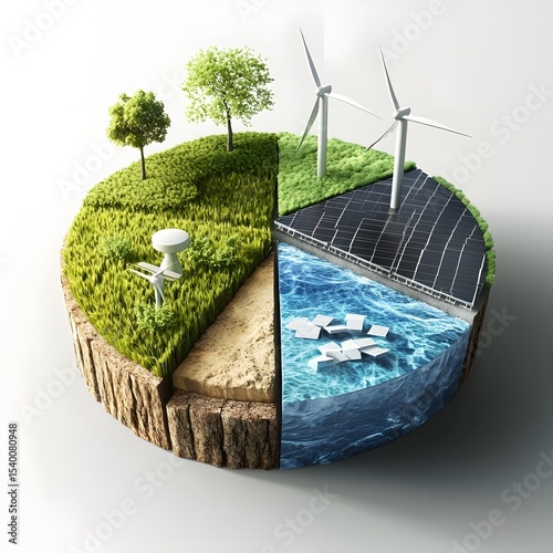 Clean energy mix pie chart with solar, wind, and green hydrogen
