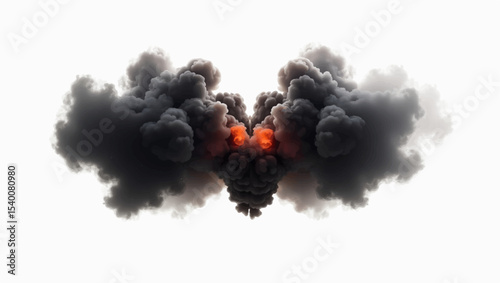 Create a symmetrical visual representation of a powerful explosion or intense combustion event. In the center, fiery orange and red hues should radiate outwards, quickly being enveloped by dense.