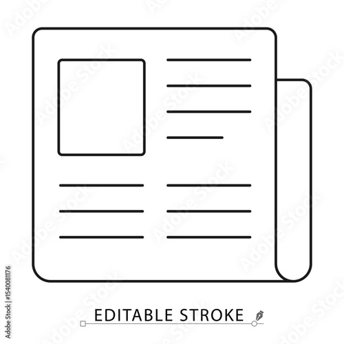 Newspaper icon in minimal line style with editable stroke. Press element, media news sheet, daily publication symbol for journalism visuals, news content, communication and information design.