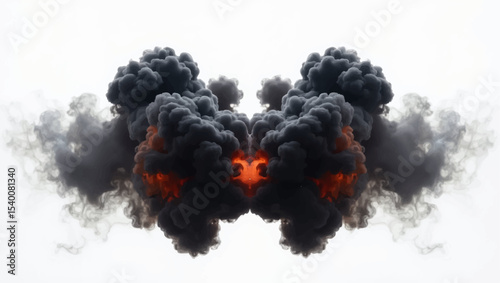 Create a symmetrical visual representation of a powerful explosion or intense combustion event. In the center, fiery orange and red hues should radiate outwards, quickly being enveloped by dense.