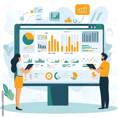 People analyzing carbon offset data on dashboard with clean infographic UI