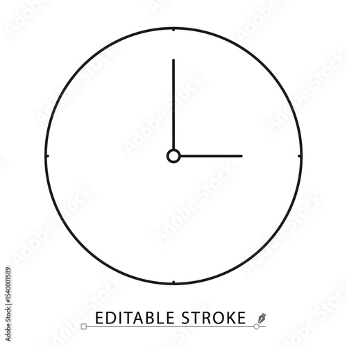 Clock icon in minimal line style with editable stroke. Analog wall timepiece, round clock face, schedule symbol for time tracking, productivity visuals, planning design and office hour concept.