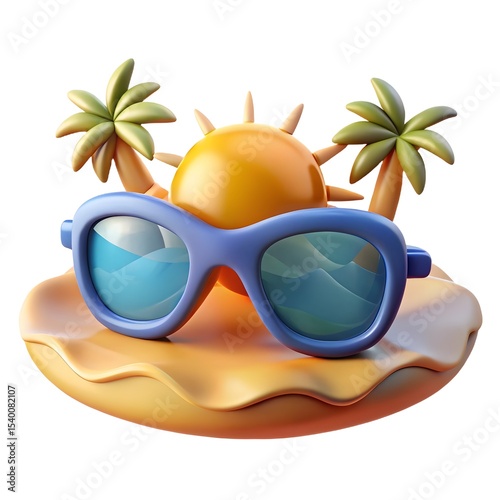 Summer vacation icon sunglasses palm trees and sun 3d render