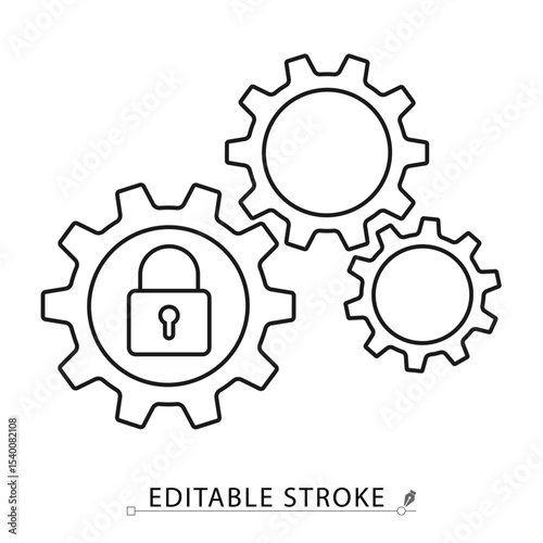 Secured mechanism icon in minimal line style with editable stroke. Combination of gears and padlock symbolizing protection, system settings, secure process, encryption, configuration