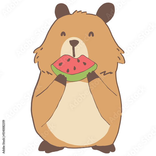 Capybara cartoon Standing happily eating red watermelon in summer ,hand drawn illustration clipart